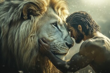 Wall Mural - man is hugging a lion. the lion is white and has a mane. the man is bald and has a beard. concept of
