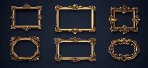 Wall Mural - Six ornate golden picture frames against a dark blue background.