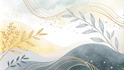 Wall Mural - Colorful blurred defocused watercolour abstract background design. Soft watercolor background in pastel yellow and pale grey, overlaid with elegant gold line art and subtle paintbrush effects