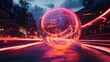 © Mega - Glowing orb on city street at night with light trails.