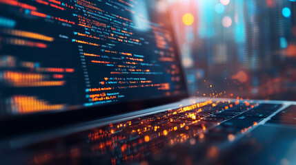 Wall Mural - laptop with code on screen hanging over icons programming app, software development, web coding. iso