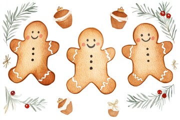 Wall Mural - Gingerbread men, pine branches, and festive decorations in watercolor style on a white background, perfect for holiday cards, posters, clipart, and seasonal illustrations.