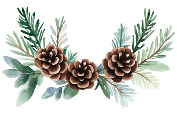 Wall Mural - Set of pine branches and cones in a garland-like arrangement in watercolor style on a white background, suitable for holiday cards, posters, clipart, and seasonal designs.