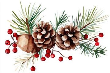 Wall Mural - Frame of Close up Horizontal arrangement of pinecones, berries, and pine branches in watercolor style on a white background, perfect for seasonal cards, posters, clipart, and festive designs.