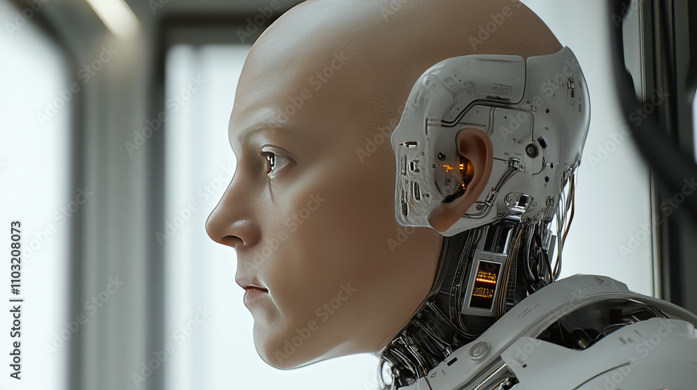 AI or artificial intelligence in image humanoid face head in profile ...