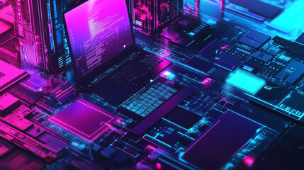 Wall Mural - software development conceptual abstract banner, background. creating computer program, code on lapt