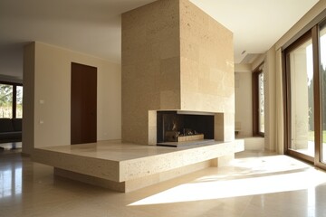 a minimalist stone fireplace in the living room of a country house