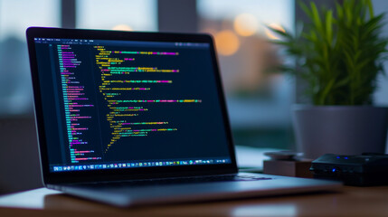 Wall Mural - technology of software development, web design, programming concept. program code on screen laptop, 
