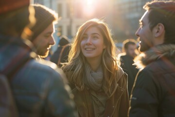 Wall Mural - Group of friends walking in the city at sunset. Focus on girl