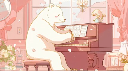 Wall Mural - Polar Bear Playing Piano in a Pink Room