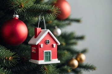 Christmas tree toy in the form of a red house on the Christmas tree with copy space, concept House insurance, house gift
