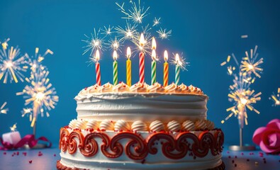 2 detailed view of a birthday cake with a rainbow of candles and sparklers lit against a vivid blue backdrop creating a lively and celebratory scene birthday backdrop party anniversary banner design 