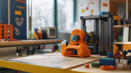 STEM education of kids through internet on laptop. Children study Engineering professions, software development, robotics technology, 3d printing, game dev. Computer tech remote school for young geek.