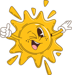 Leinwandbilder - Cartoon retro groovy sun character with thumb up and funny face, vector emoji. Groovy sun with happy smile and silly winking, funky sunny emoticon character with happiness emotion and thumb up