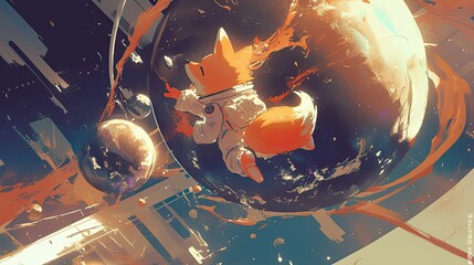 Wall Mural - fox astronaut floating in space sphere