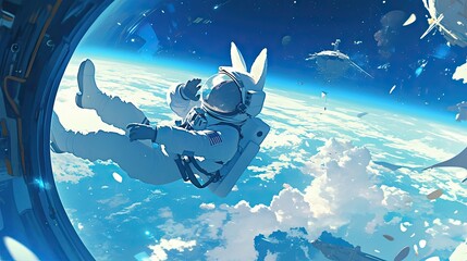 Wall Mural - bunny astronaut floating above earthly clouds