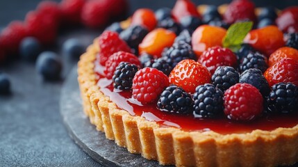 Freshly made fruit tart showcasing a colorful variety of fruits on a golden pastry base, a close-up view