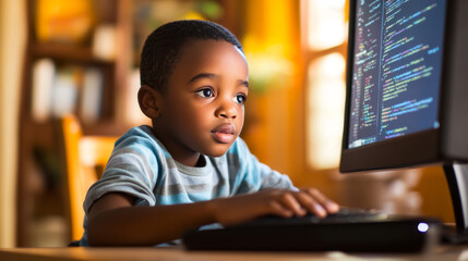 Kid programmer learn coding on computer, tablet or phone. Child create code or program of game on programming languages. Online remote internet learning. Video lessons. Modern education technology.