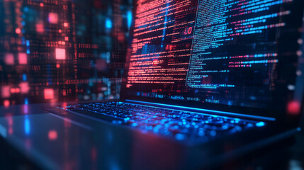 Wall Mural - laptop with code on screen hanging over icons programming app, software development, web coding. iso
