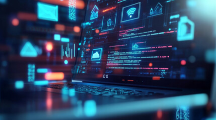 Wall Mural - laptop with code on screen hanging over icons programming app, software development, web coding. iso