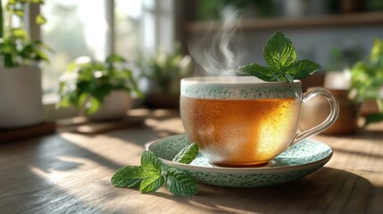 Close-up of a steaming cup of herbal tea with fresh mint leaves, evoking a refreshing aroma