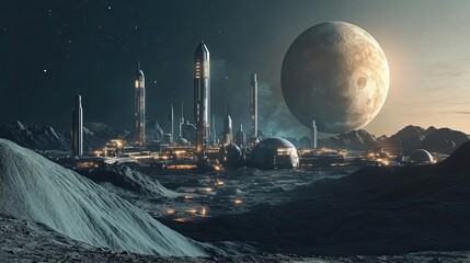 Wall Mural - lunar colony cityscape underneath a large moon