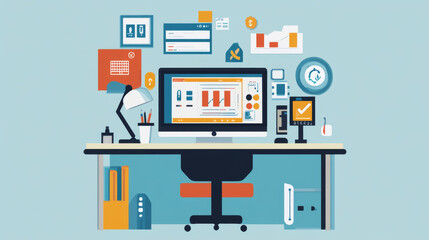 Wall Mural - programming or software development abstract concept. top view at screen laptop with business icons,