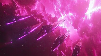 Wall Mural - pink nebula fleet spaceships cosmic voyage