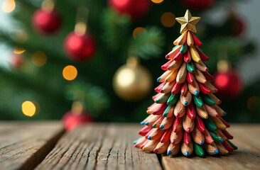 Wall Mural - Christmas tree made of colored pencils on wooden background with bokeh