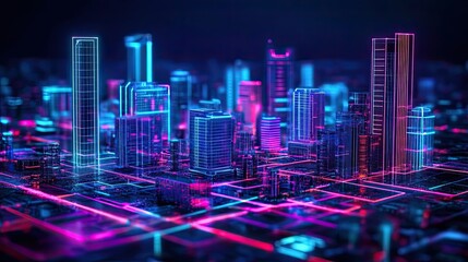 Wall Mural - Neon Cityscape Digital Architecture Futuristic Design