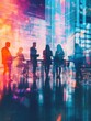 © Johannes - Abstract backlit businesspeople working together on abstract metaverse background. Teamwork and meeting concept. Double exposure