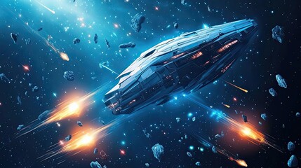 Wall Mural - futuristic spaceship navigating asteroid field in deep space
