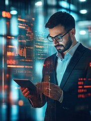 attractive european businessman using tablet with abstract creative business charts and binary code 