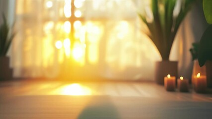 Poster - Yoga mat on a wooden floor in the warm sunrise light, with candles and plants, creates a peaceful space for meditation or exercise