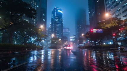 Wall Mural - A moody urban scene at night with tall buildings, wet streets, and soft lighting creating a mysterious atmosphere.