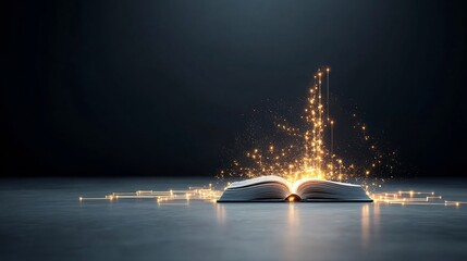 Leinwandbilder - Radiant open book with glowing pages surrounded by dynamic digital glow trails and abstract light effects symbolizing the concepts of creativity imagination and the power of knowledge and learning