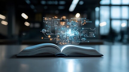 Leinwandbilder - Glowing Open Book with Futuristic Light Patterns and Abstract Trails Representing Imagination Creativity and in the Realm of Learning and Discovery