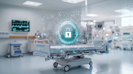 Leinwandbilder - Futuristic holographic lock symbol glowing above a hospital bed representing the advanced digital protection and security of healthcare data in a high tech intelligent medical setting of the future