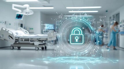 Aufkleber - Glowing digital lock and security symbols near a hospital bed emphasizing the protection and safeguarding of sensitive healthcare data and information