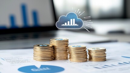 Poster - Radiant Cloud Symbol Hovering Above Pile of Golden Coins Symbolizing the Cost Management and Financial Efficiency Offered by Cloud Computing Technologies