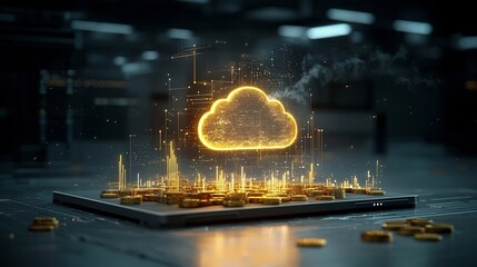 Fototapete - Glowing cloud symbol emerging from a pile of golden coins surrounded by futuristic abstract light