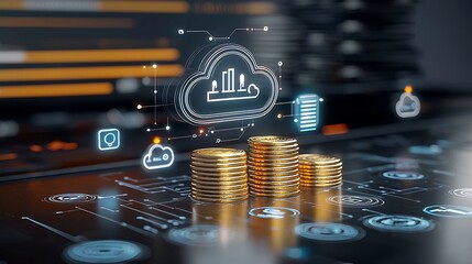 Poster - Glowing Cloud Icon Illuminating a Pile of Gold Coins Surrounded by Futuristic Effects and Symbolizing Digital Financial Planning and Budgeting Concept