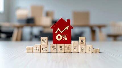 Aufkleber - Conceptual image of a red house model with a golden chart arrow rising upward and a percent icon surrounded by wooden bars symbolizing financial success and growth during golden hour lighting