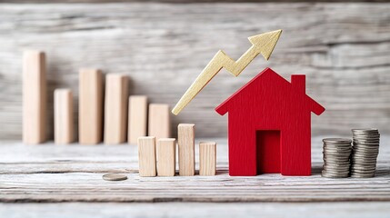 Poster - of financial success and growth with a golden arrow representing prosperity rising above a red house model set against a background of wooden bars and illuminated by warm golden hour lighting