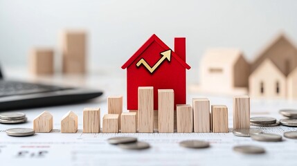 Poster - Red House Model with a Golden Upward Chart Arrow Percent Icon and Wooden Bars in a Serene Golden Hour Setting Symbolizing Financial Growth and Success in the Real Estate Industry