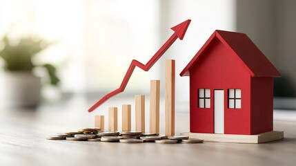 Poster - Golden chart arrow climbing upward on a red house model with wooden bars all bathed in the warm golden hour light symbolizing the growth and prosperity of real estate investments