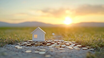 Poster - Pile of golden coins with a small house model on top coins gently falling around the model in warm golden hour lighting symbolizing savings home ownership and financial investment