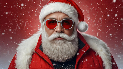 Portrait of a stylish, modern Santa Claus in a shiny jacket and red glasses in close-up on a pink background. Creative. It is snowing, adding fabulousness and magic.