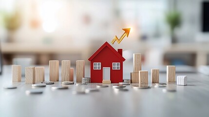 Fototapete - Glowing golden arrow rising upward from a red house model surrounded by wooden bars set against a golden hour light background symbolizing financial growth investment opportunity