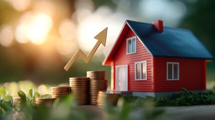 Leinwandbilder - Golden Arrow Chart Soaring Above a Red House Model with Warm Wooden Bars Highlighting the Concept of Real Estate Growth and Financial Success